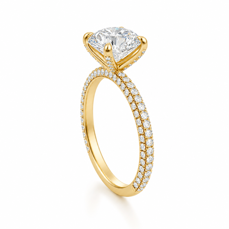Round Three Row Pave Ring With Pave Prongs