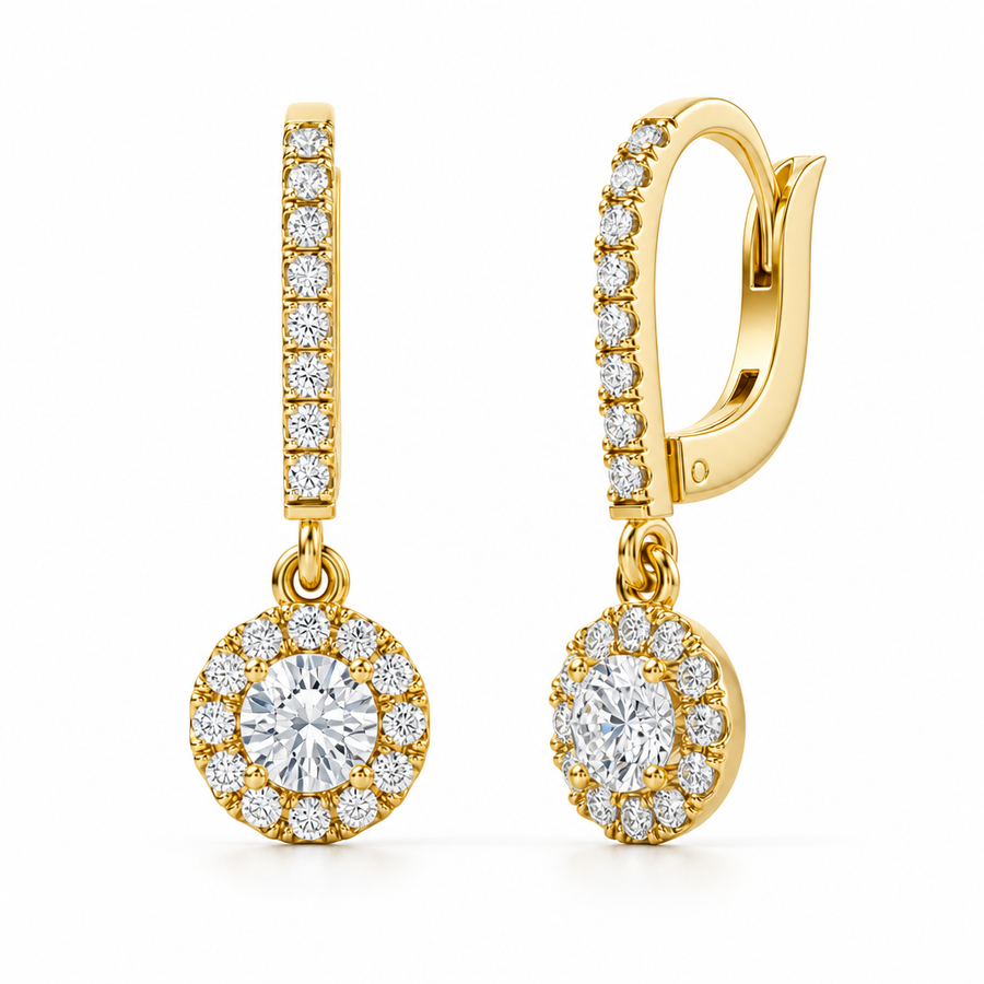 Round halo lab-grown diamond drop earrings in 14K gold