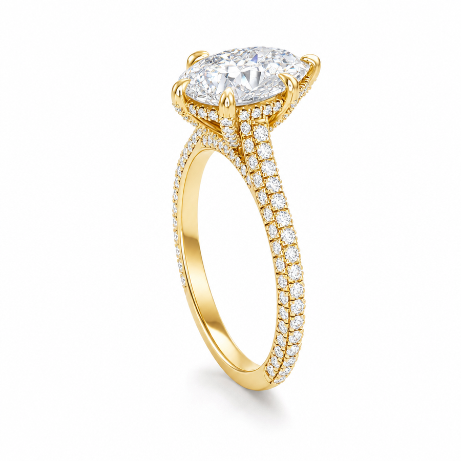 Pear Three Row Pave Cathedral Ring With Diamond Basket