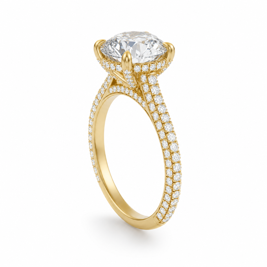 Round Three Row Pave Cathedral Ring With Diamond Basket