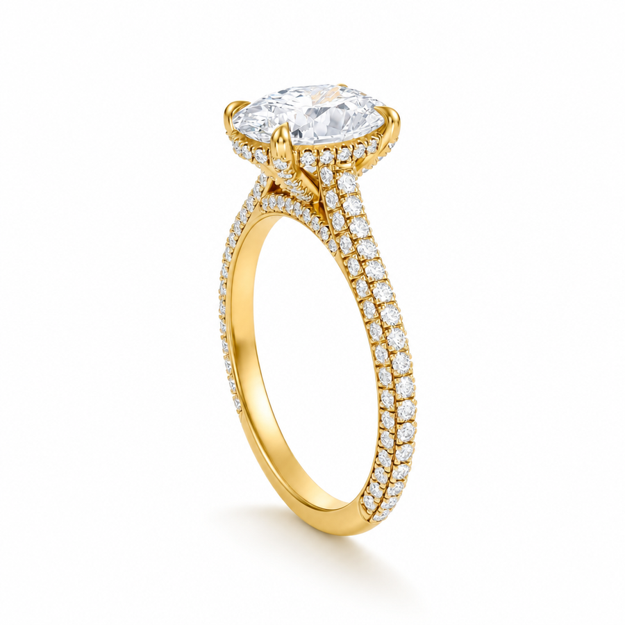 Oval Three Row Pave Cathedral Ring With Diamond Basket