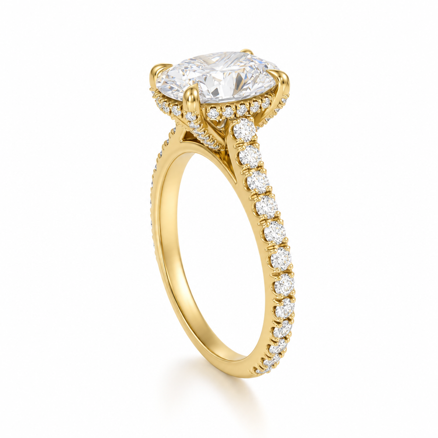 Oval Pave Cathedral Ring With Diamond Basket
