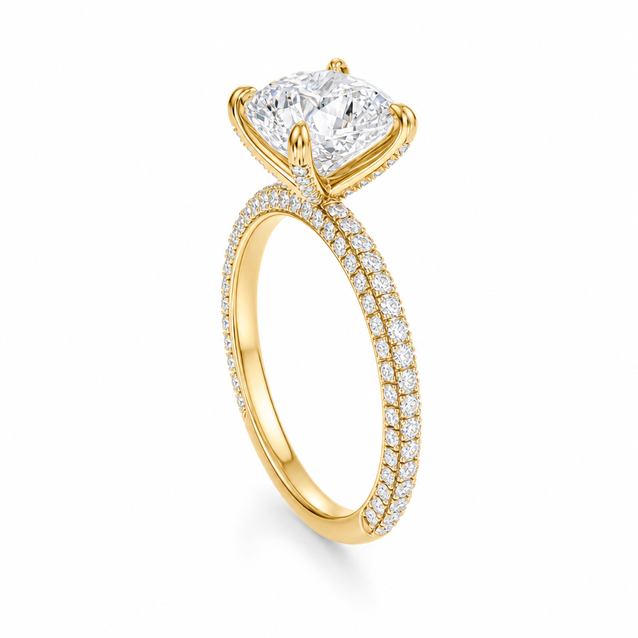 Cushion Three Row Pave Ring With Pave Prongs