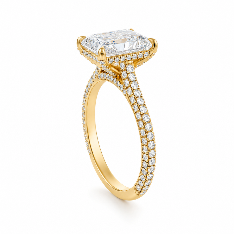 Radiant Three Row Pave Cathedral Ring With Diamond Basket