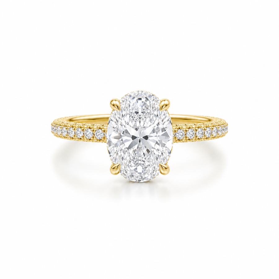 Oval Hidden Halo with Three Row Pave Band