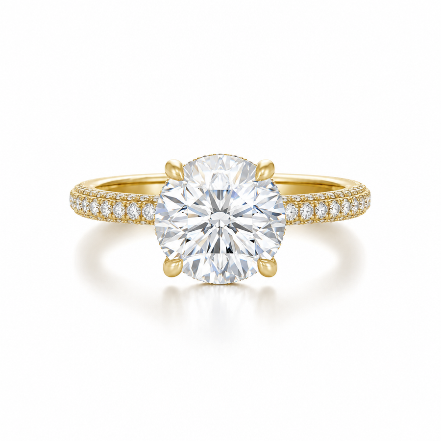 Round Hidden Halo with Three Row Pave Band