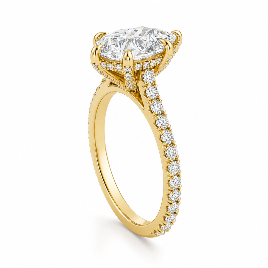 Pear Pave Cathedral Ring With Diamond Basket