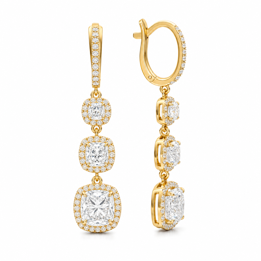 5 Carat Cushion Three Stone Halo Lab Grown Diamond Drop Earrings
