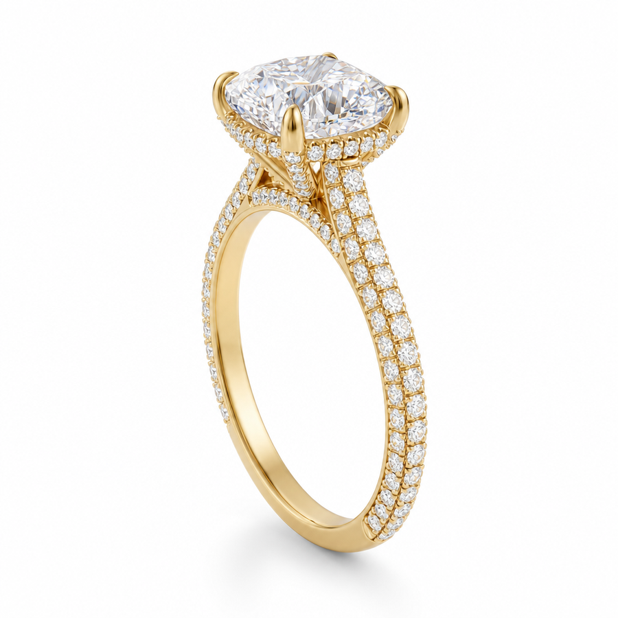 Cushion Three Row Pave Cathedral Ring With Diamond Basket