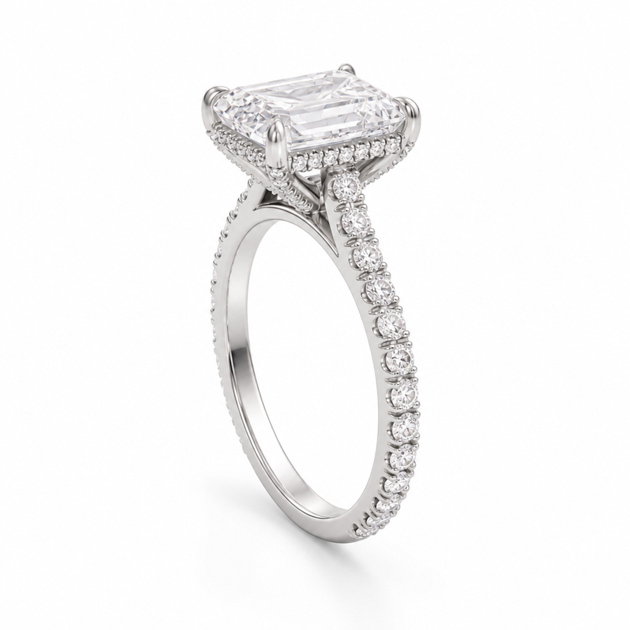 Emerald Pave Cathedral Ring With Diamond Basket