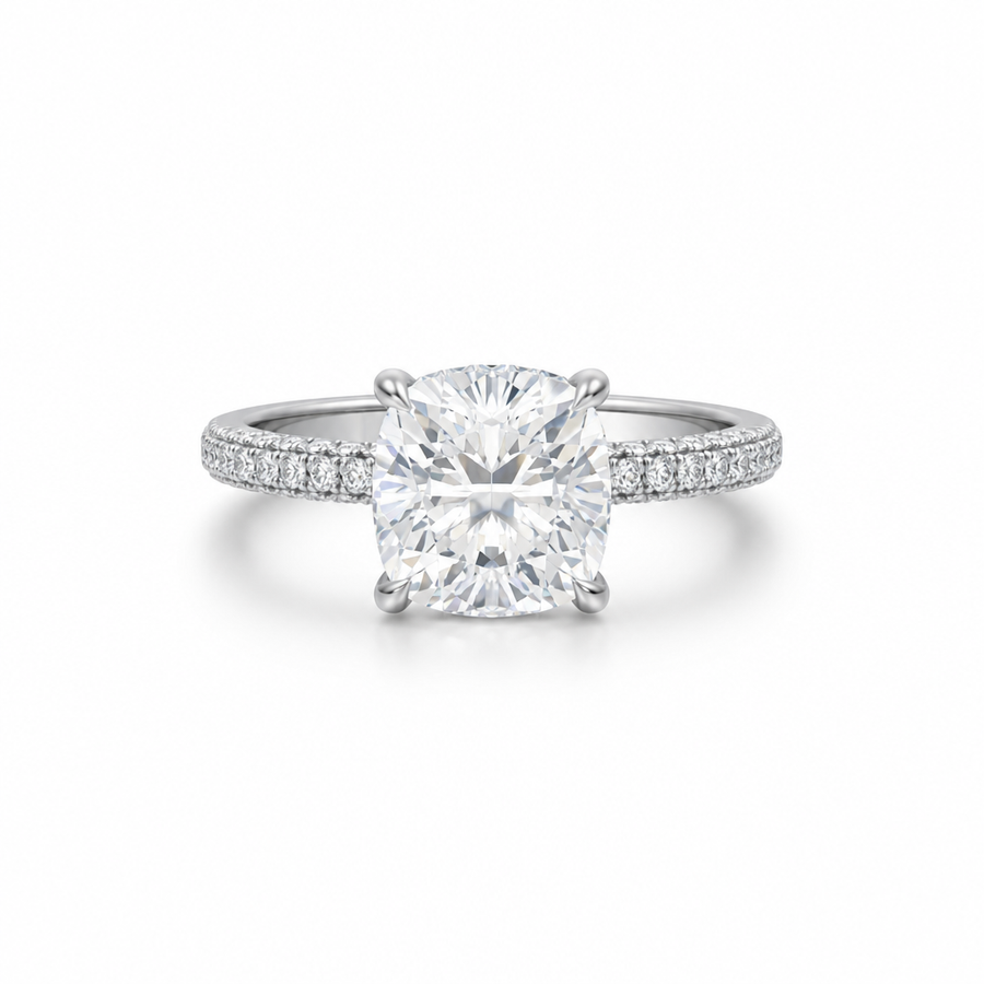 Cushion Diamond Basket With Three Row Pave Ring