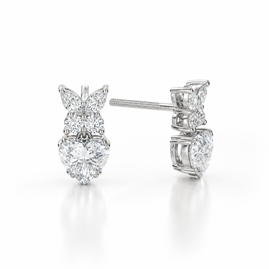 Heart Shape Butterfly Cluster Lab Grown Diamond Stud Earrings