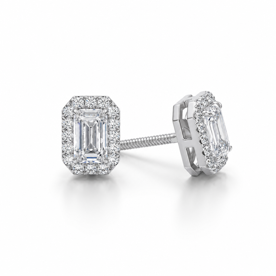 Lab Grown Diamond Emerald Halo Stud Earrings