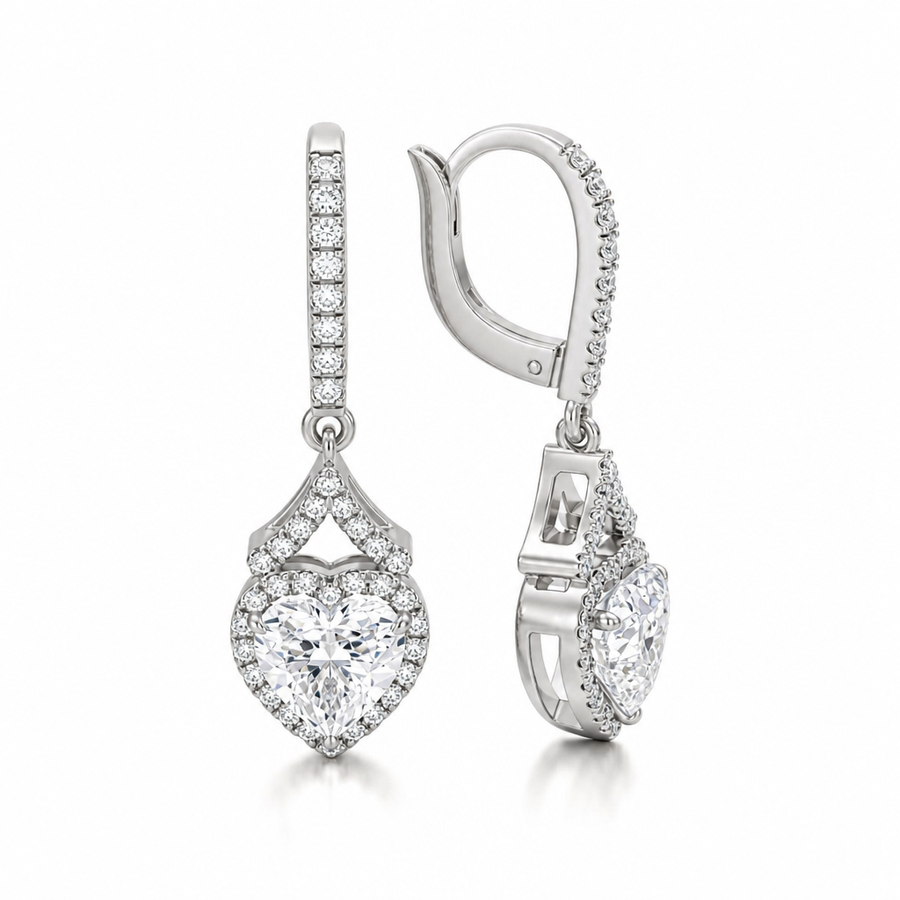 2 Carat Heart Shape Halo Lab Grown Diamond Drop Earrings