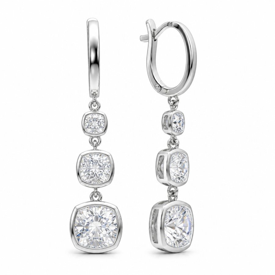 4 Carat Cushion Three Stone Lab Grown Diamond Drop Earrings
