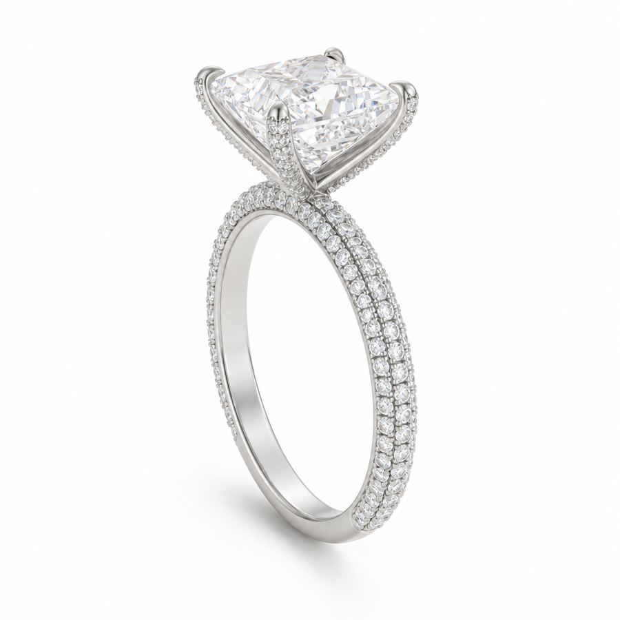Princess Three Row Pave Ring With Pave Prongs
