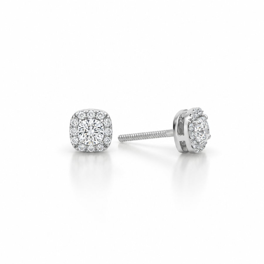 Lab Grown Cushion Halo Diamond Stud Earrings