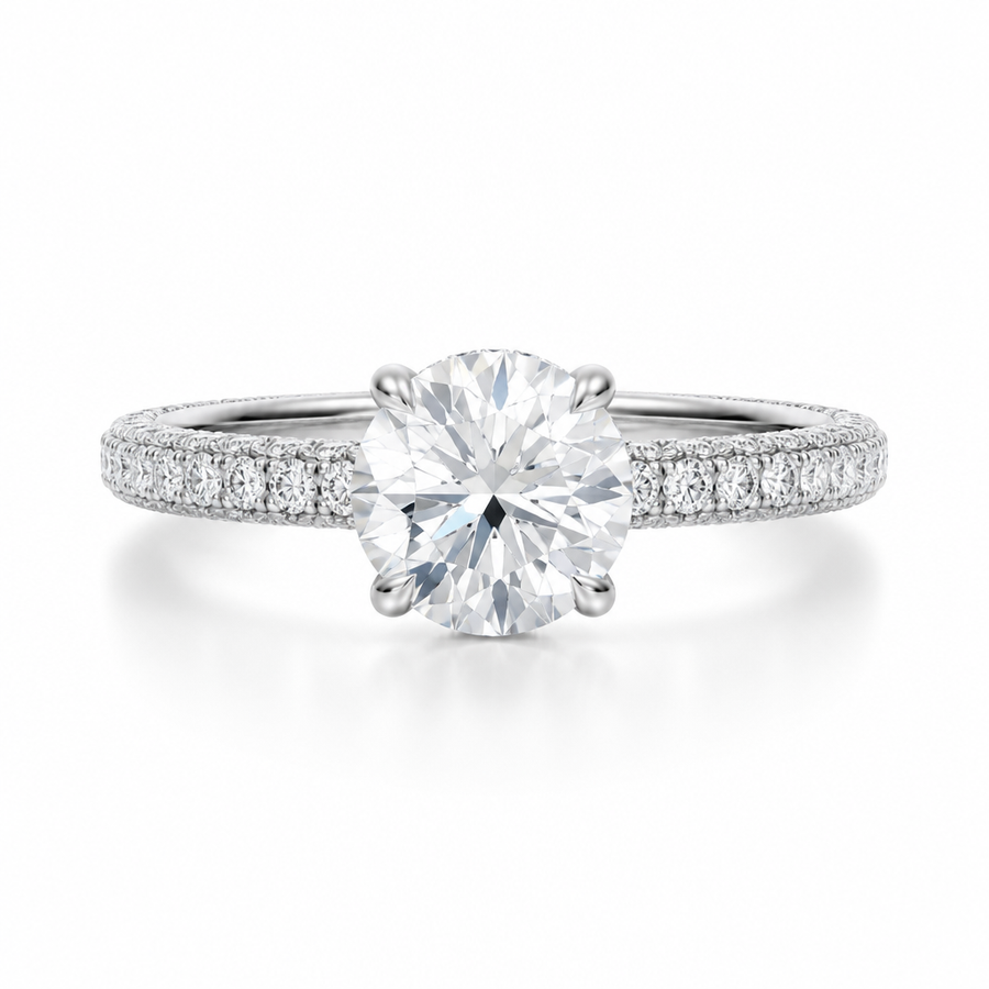 Round Hidden Halo with Three Row Pave Band