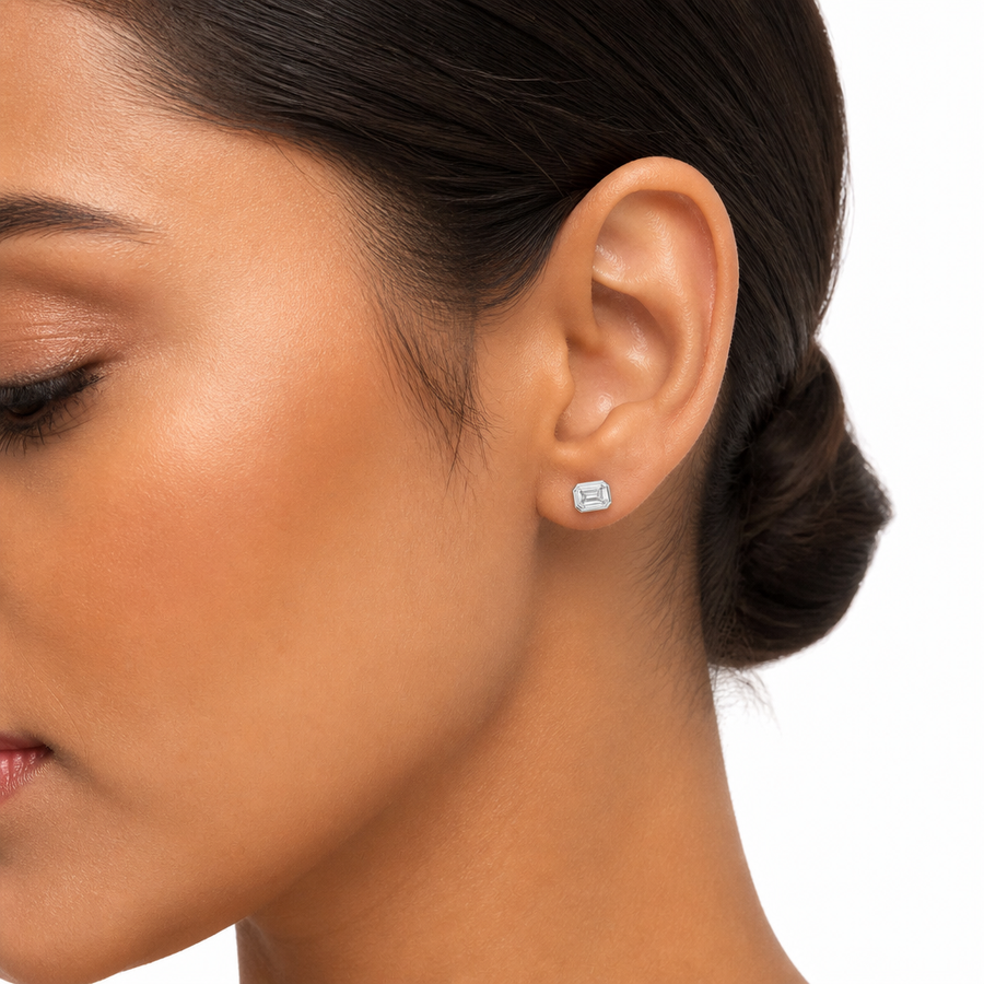 Emerald Bezel Stud Lab Grown Diamond Earrings