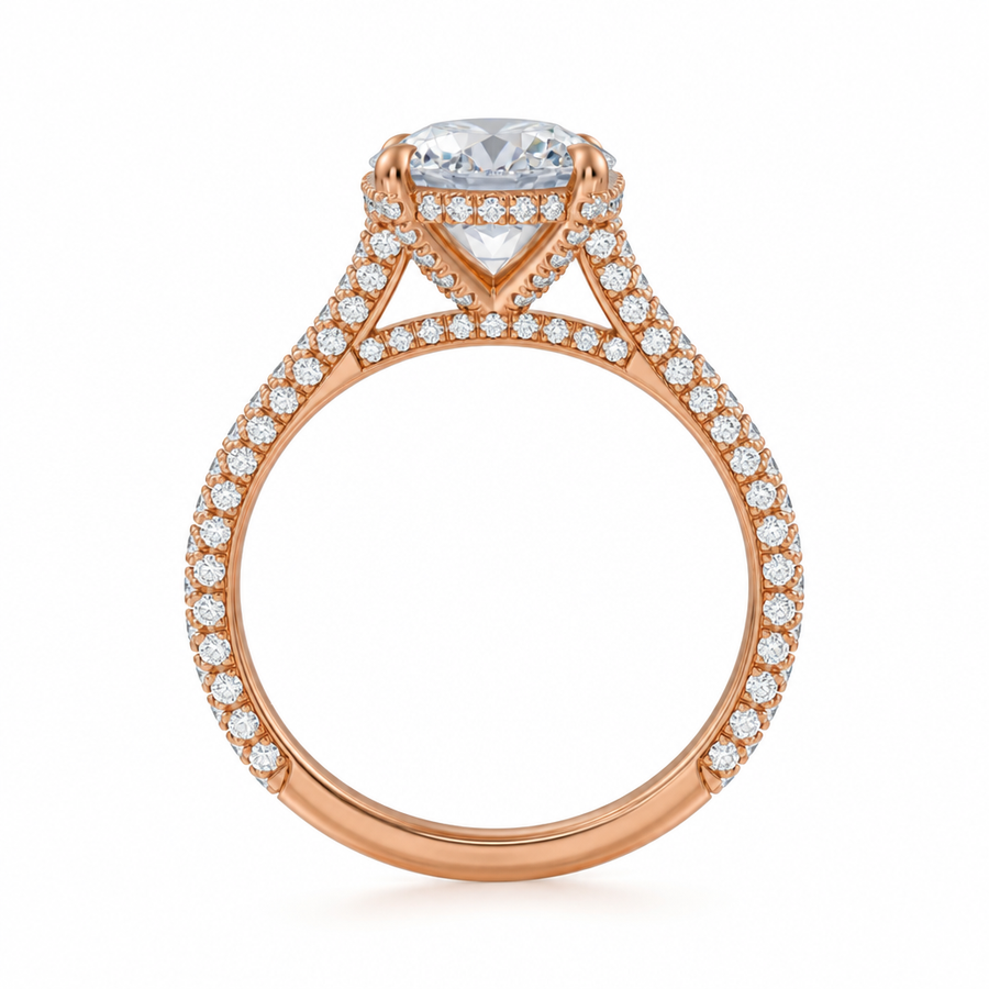 Round Three Row Pave Cathedral Ring With Diamond Basket