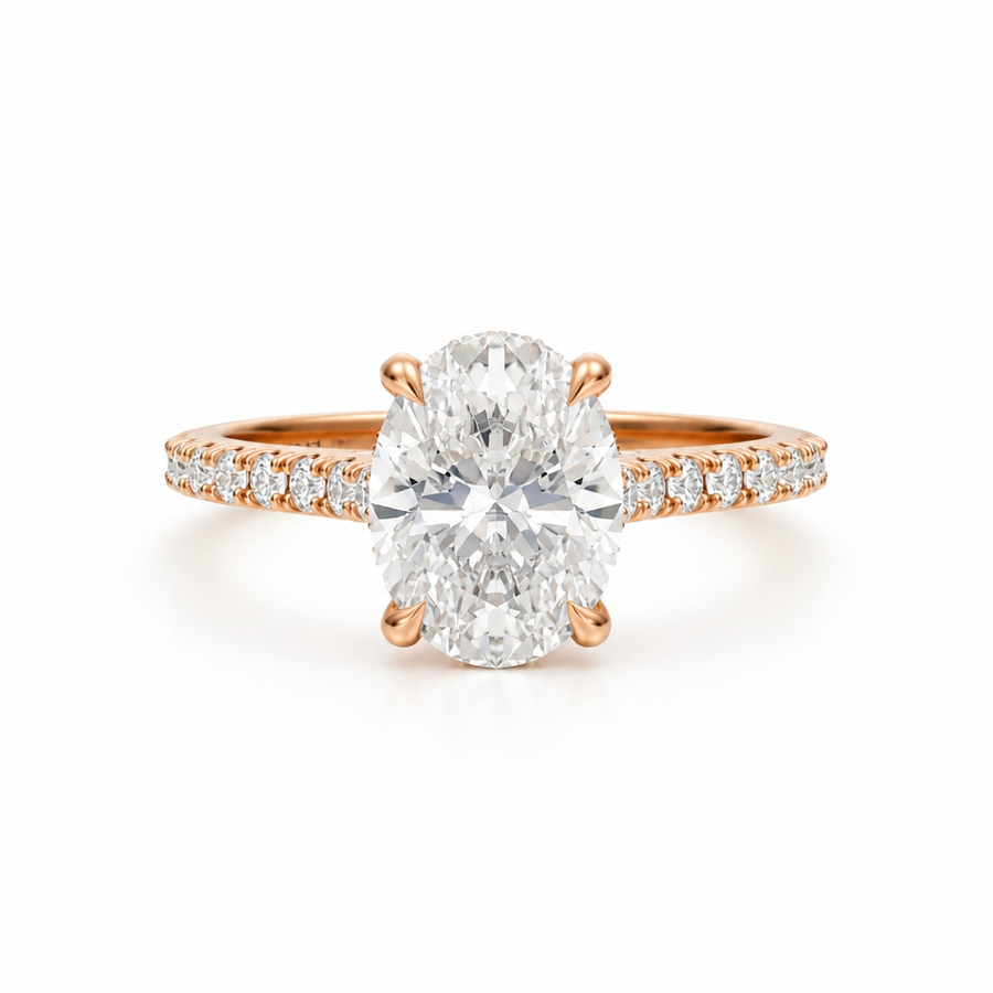 Oval Pave Cathedral Ring With Diamond Basket