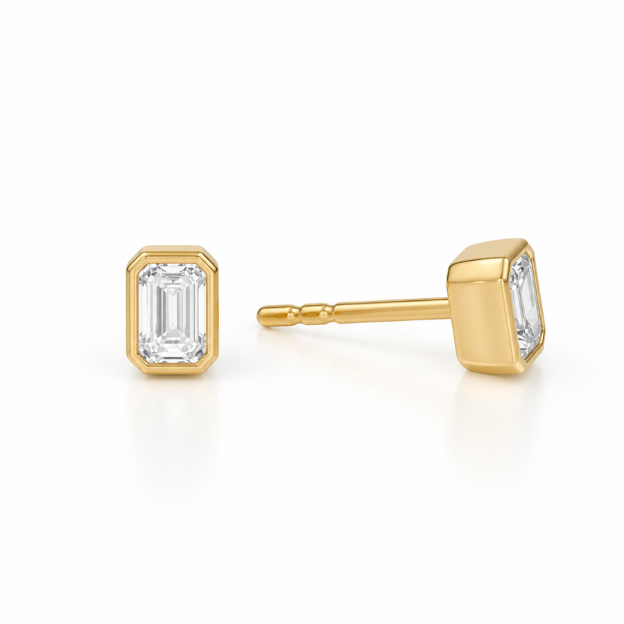 Emerald Bezel Stud Lab Grown Diamond Earrings