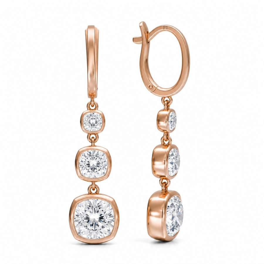 4 Carat Cushion Three Stone Lab Grown Diamond Drop Earrings