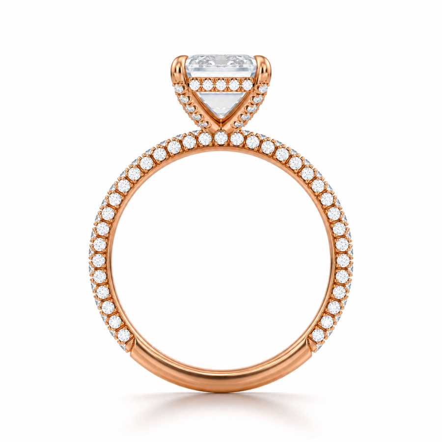 Emerald Diamond Basket With Three Row Pave Ring