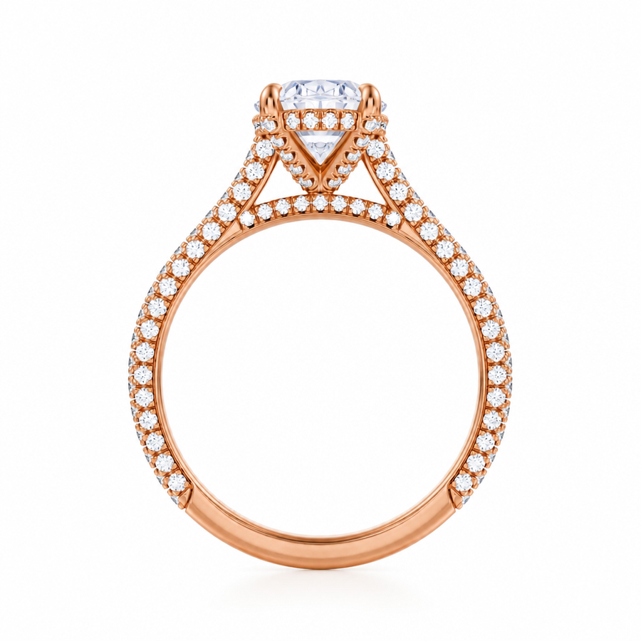 Oval Three Row Pave Cathedral Ring With Diamond Basket