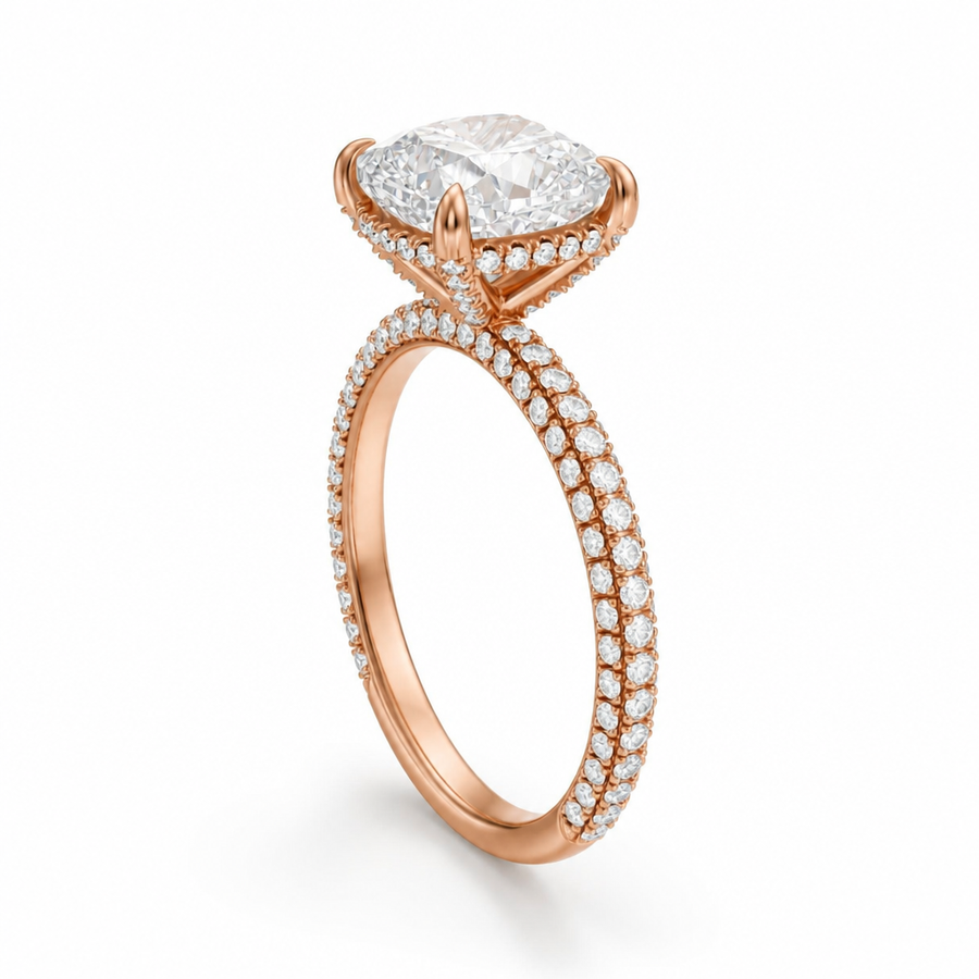 Cushion Diamond Basket With Three Row Pave Ring