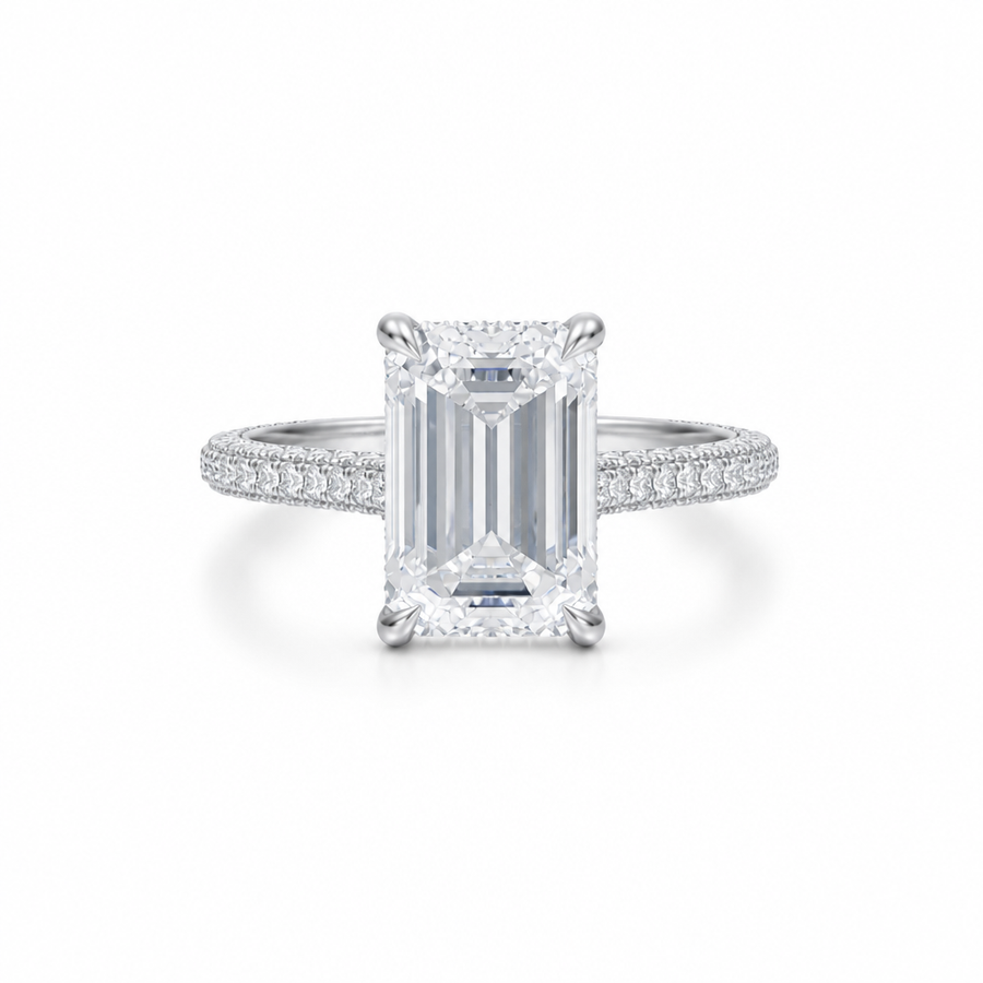Emerald Three Row Pave Cathedral Ring With Diamond Basket