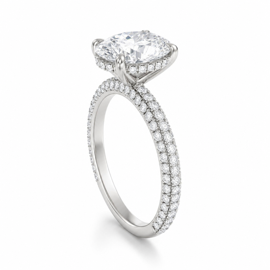 Oval Hidden Halo with Three Row Pave Band
