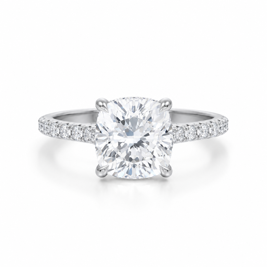 Cushion Pave Cathedral Ring With Diamond Basket
