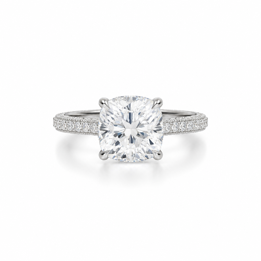 Cushion Three Row Pave Cathedral Ring With Diamond Basket