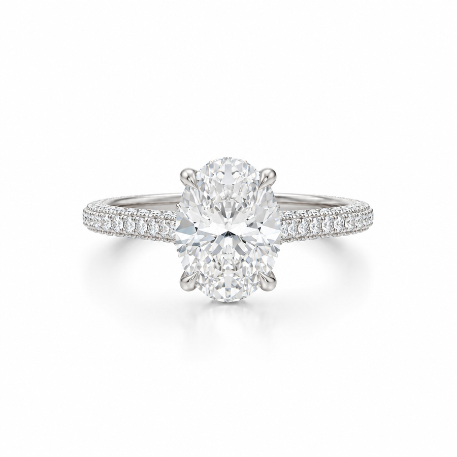 Oval Three Row Pave Cathedral Ring With Diamond Basket