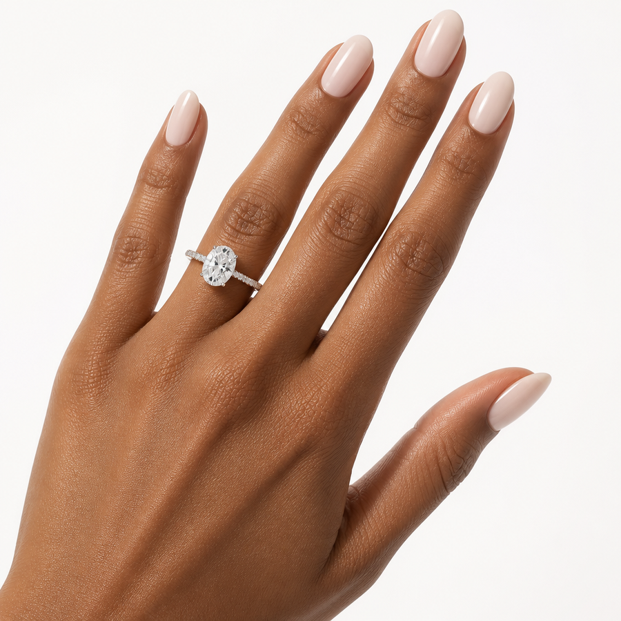 Oval Three Row Pave Cathedral Ring With Diamond Basket