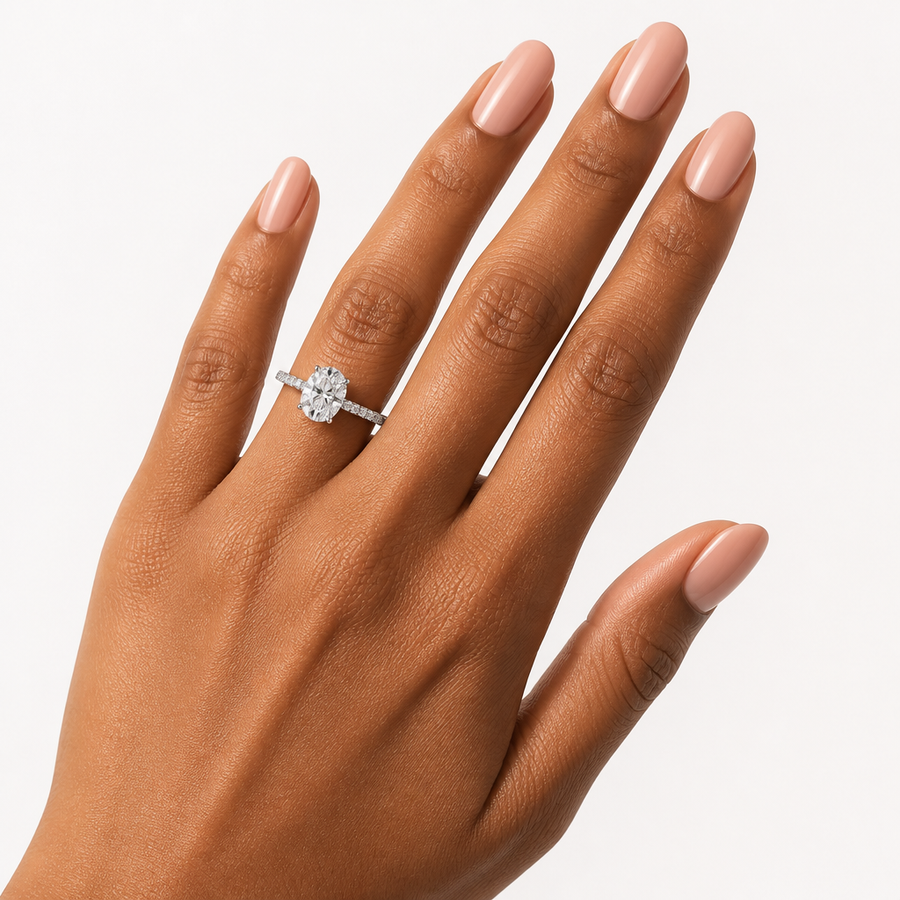 Oval Pave Cathedral Ring With Diamond Basket