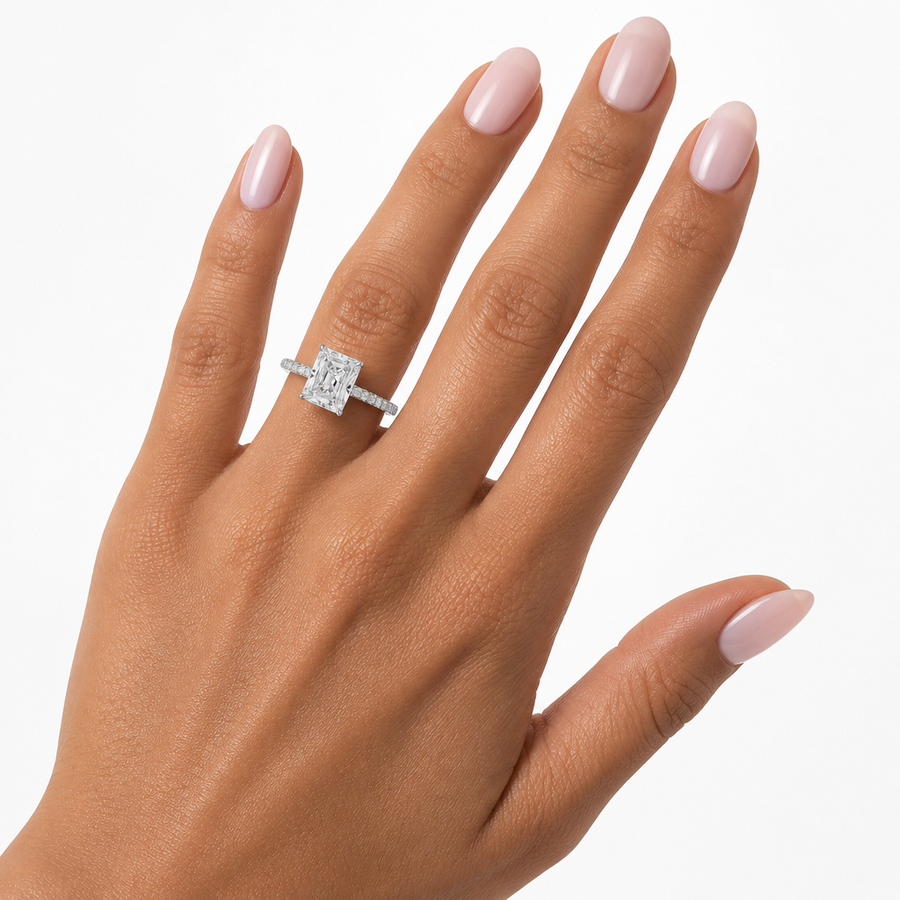 Radiant Three Row Pave Cathedral Ring With Diamond Basket