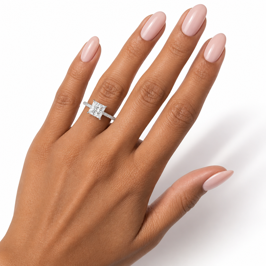 Princess Three Row Pave Cathedral Ring With Diamond Basket