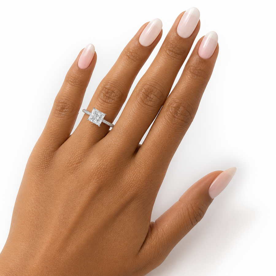 Princess Hidden Halo with Three Row Pave Band