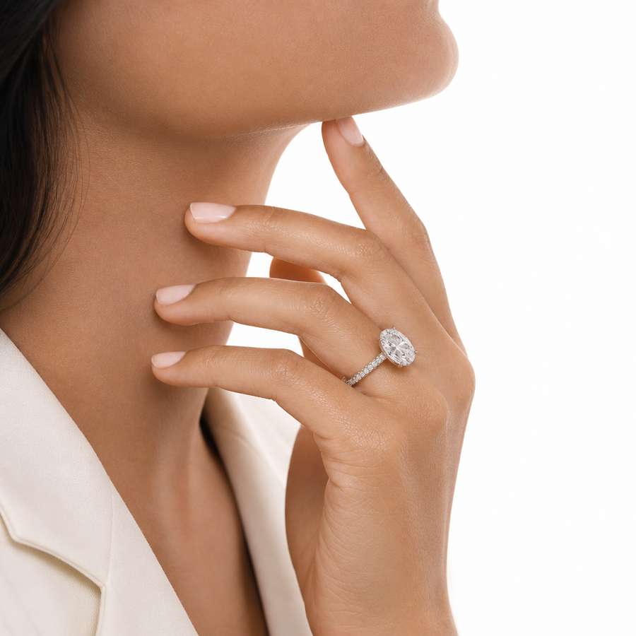 Oval Diamond Basket With Three Row Pave Ring