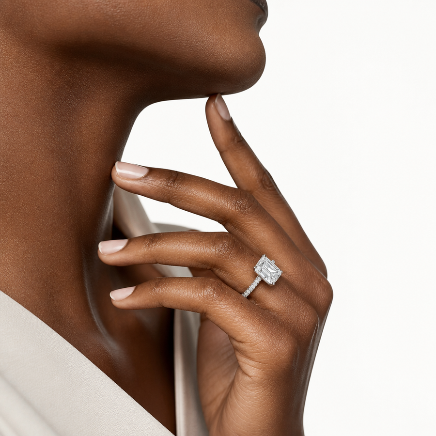 Emerald Three Row Pave Ring With Pave Prongs