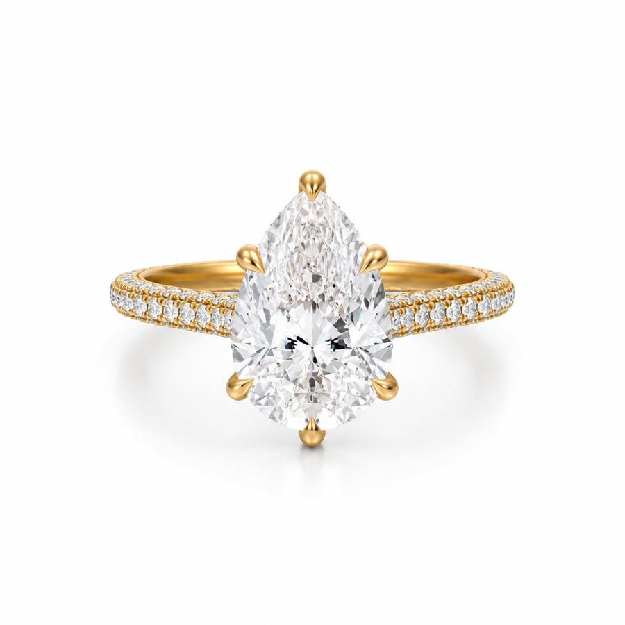 Pear Three Row Pave Cathedral Ring With Diamond Basket