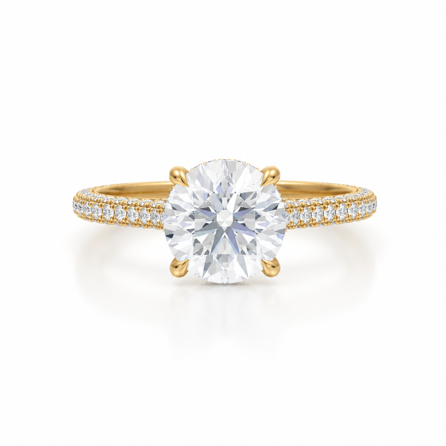 Round Three Row Pave Cathedral Ring With Diamond Basket