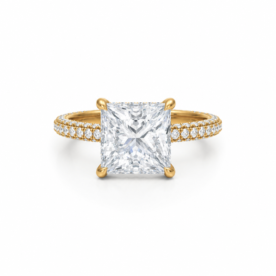 Princess Hidden Halo with Three Row Pave Band