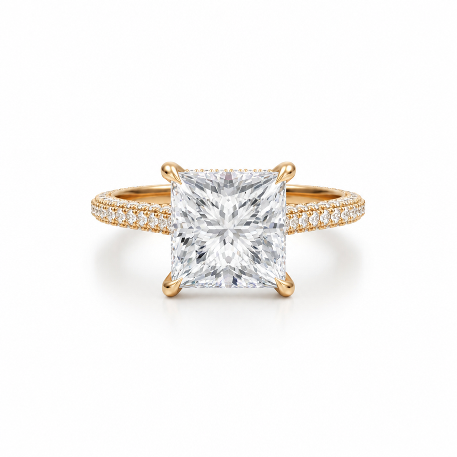 Princess Three Row Pave Cathedral Ring With Diamond Basket