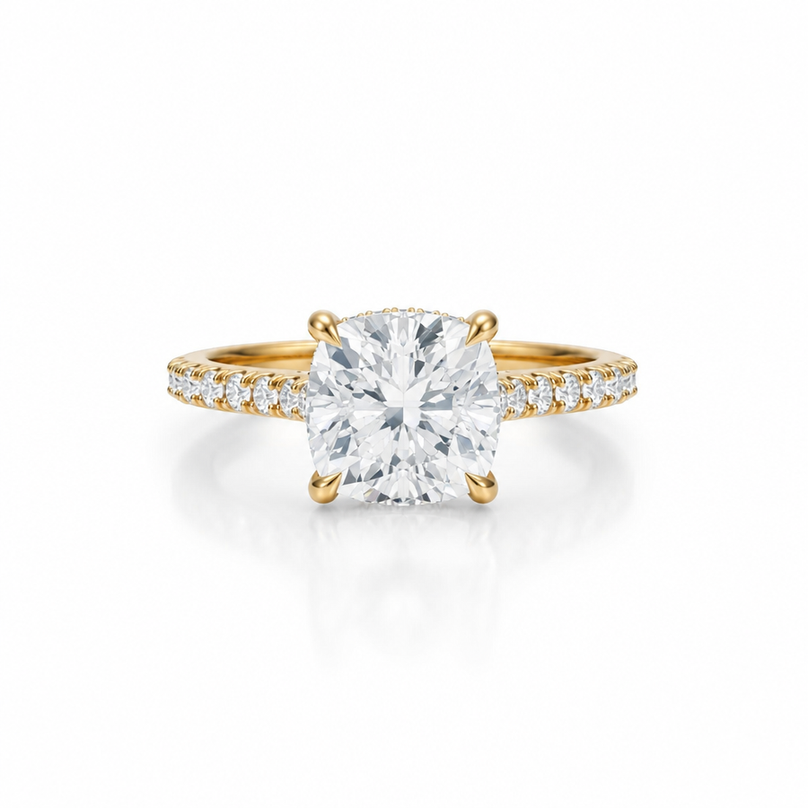 Cushion Pave Cathedral Ring With Diamond Basket