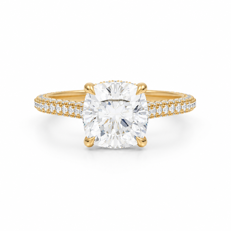 Cushion Three Row Pave Cathedral Ring With Diamond Basket