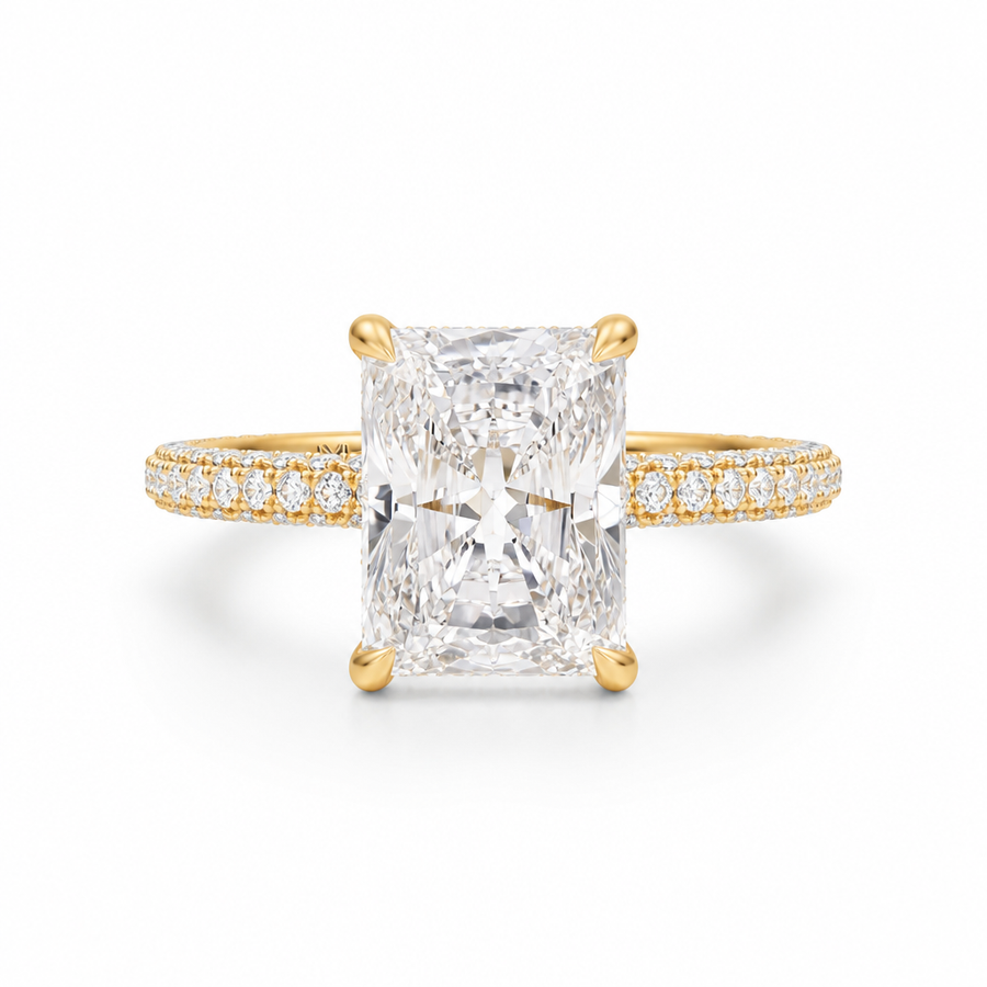 Radiant Diamond Basket With Three Row Pave Ring