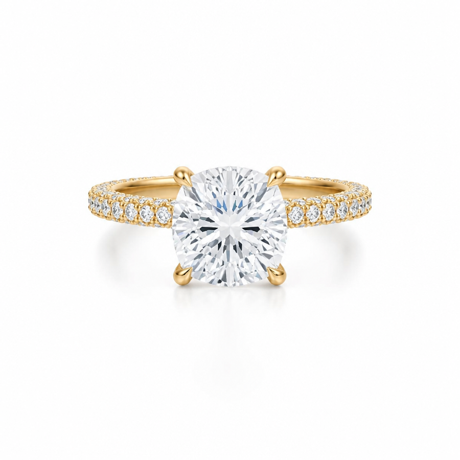 Cushion Three Row Pave Ring With Pave Prongs